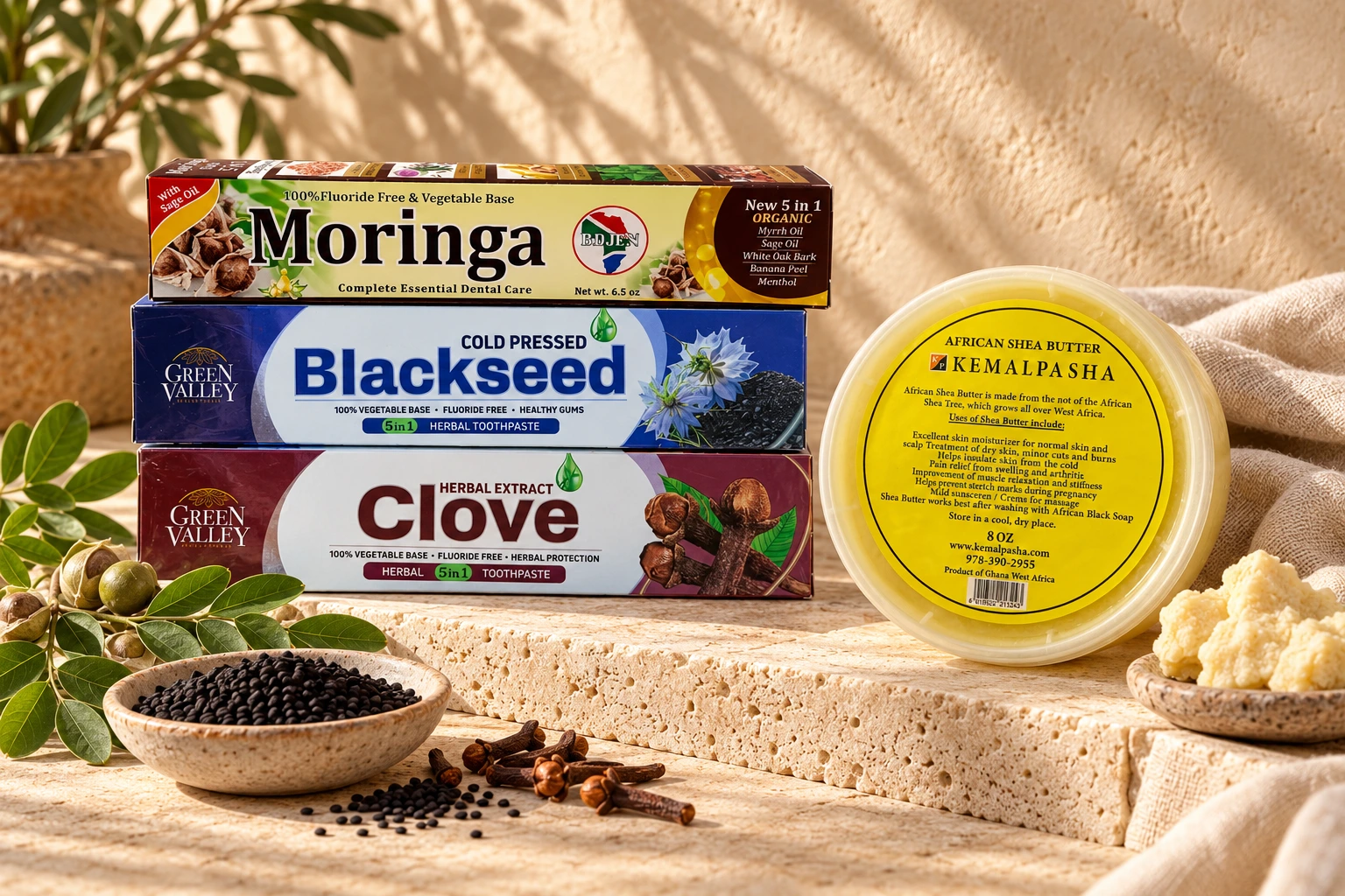 Moringa, Blackseed and Clove toothpaste with Kemalpasha African Shea Butter, styled with natural ingredients — enhanced from supplied product photos